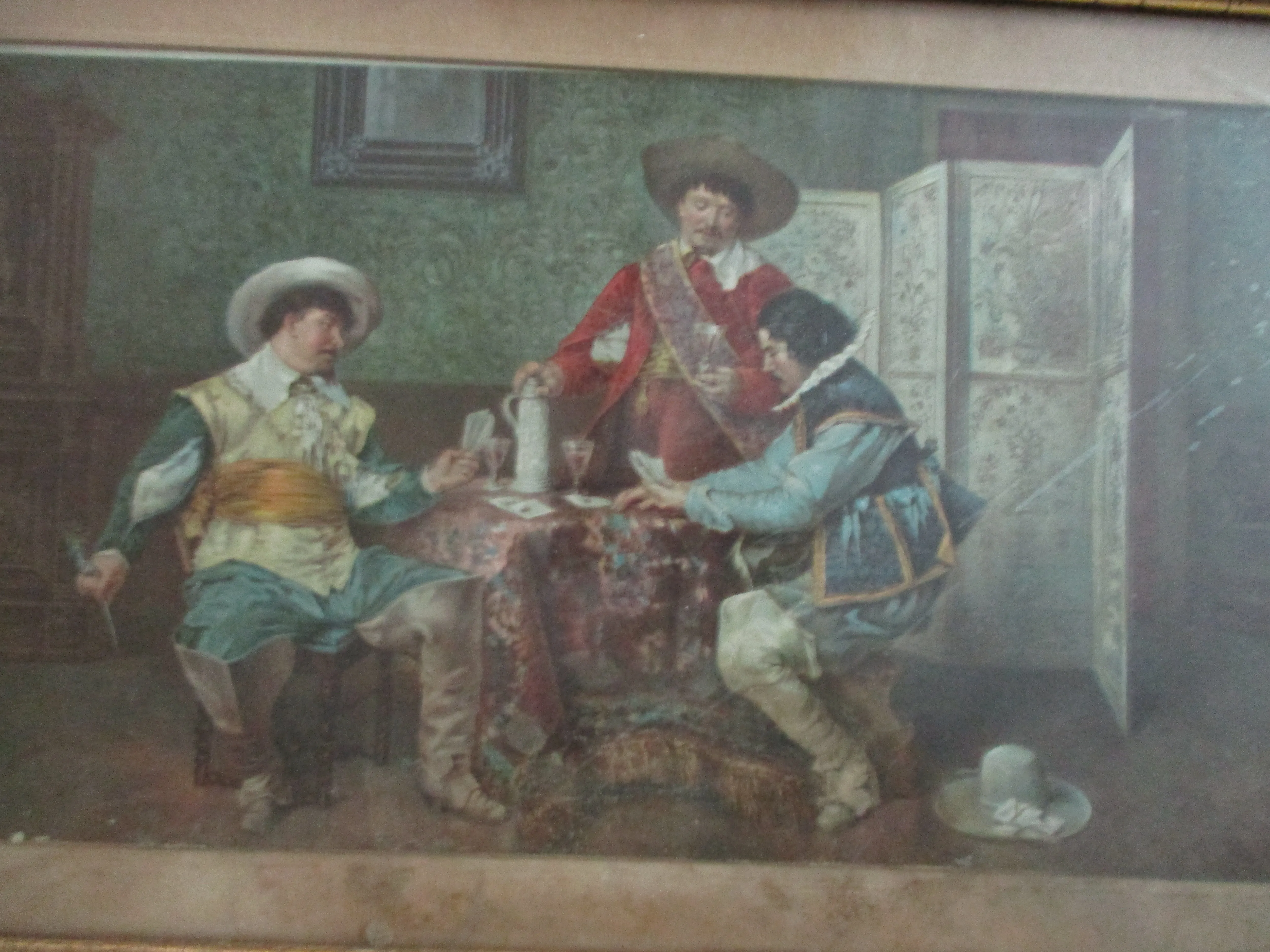 Antique THREE MEN TABLE CARDS HAT Lithograph Picture Print Wall ART Decor