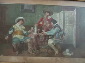 Antique THREE MEN TABLE CARDS HAT Lithograph Picture Print Wall ART Decor