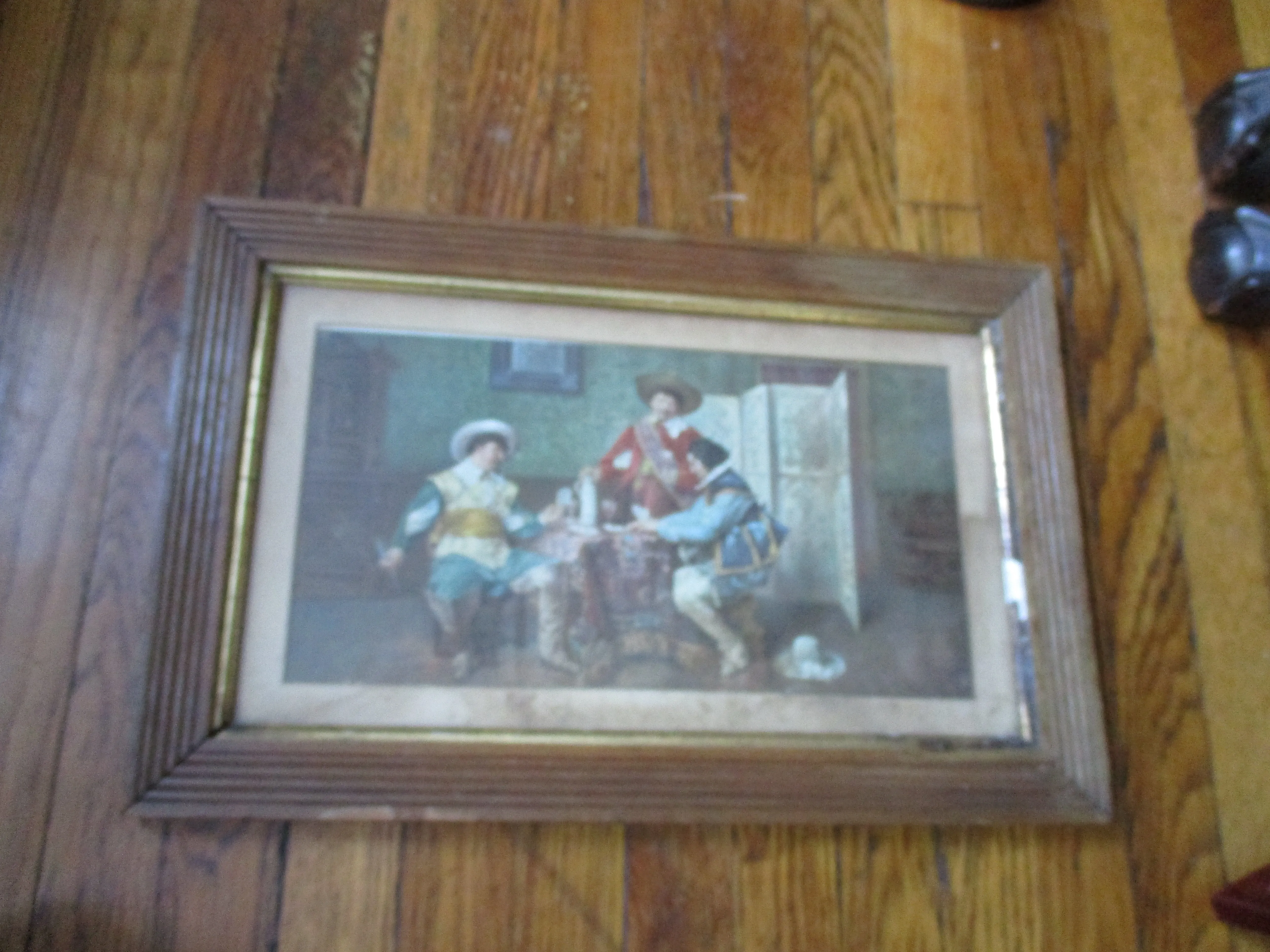 Antique THREE MEN TABLE CARDS HAT Lithograph Picture Print Wall ART Decor