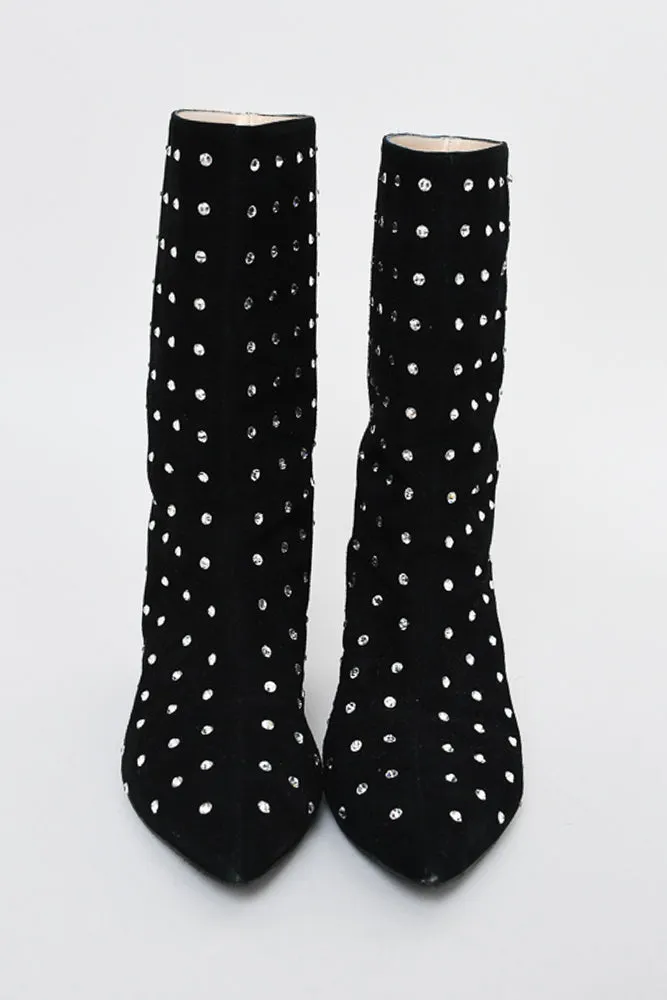 Attico Black Suede Crystal Embellished Pointed Toe Calf Length Boots Size 36