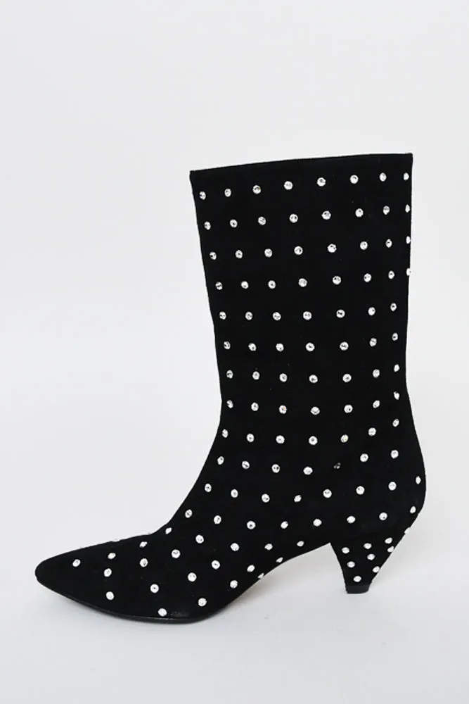 Attico Black Suede Crystal Embellished Pointed Toe Calf Length Boots Size 36