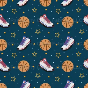 Basketball Shoes and Balls on Navy Blue