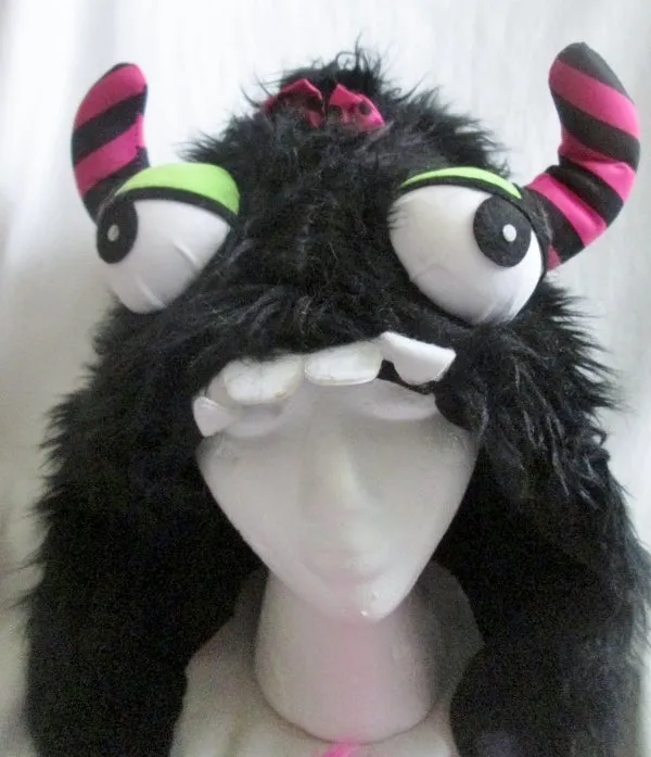 Halloween Spirit FUZZY BLACK HAT GOOGLE EYES Play Costume Fun Party Horns Disguise