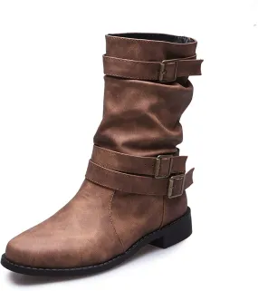 Ladmiple Boots For Women Low Heel Mid Calf Military Combat Boots Side Zipper Motorcycle Riding Biker Ankle Booties 2023
