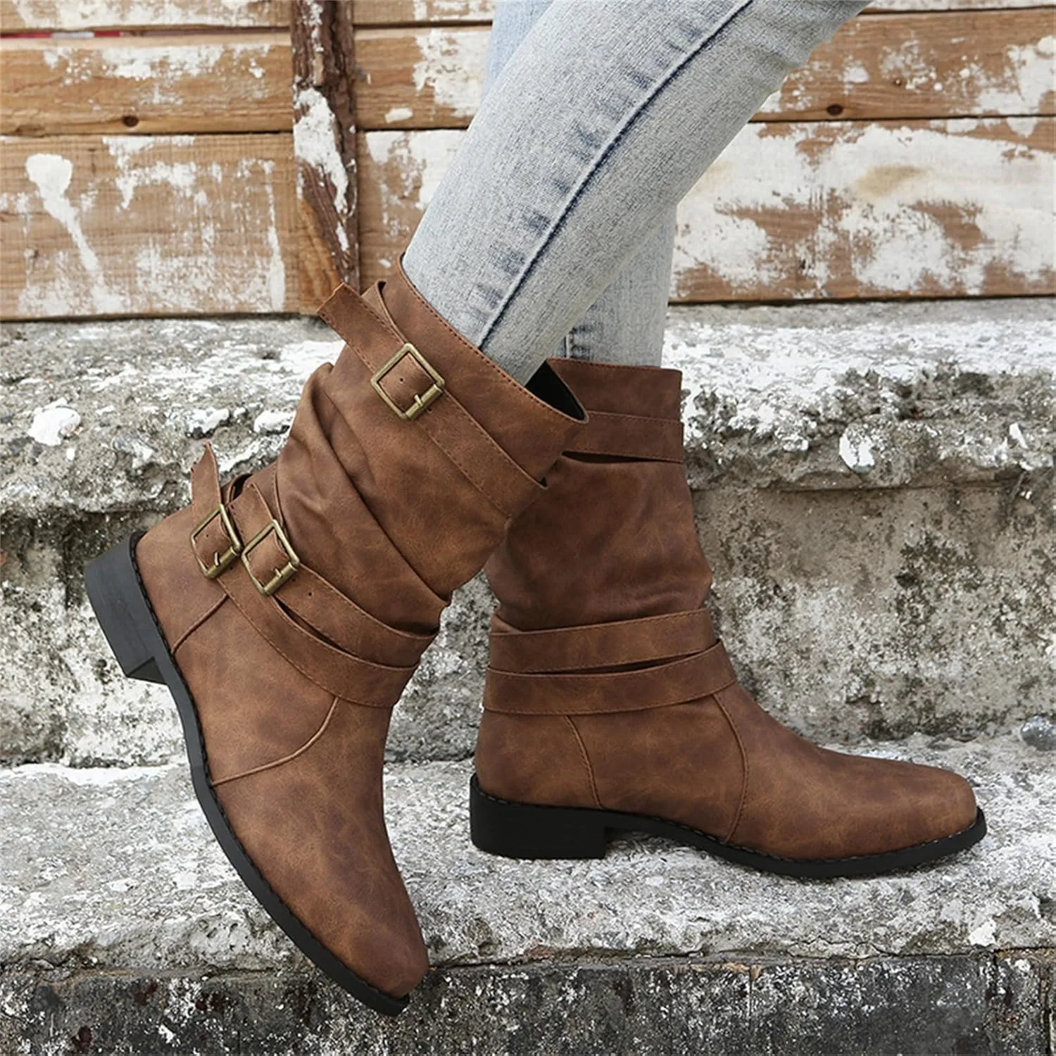 Ladmiple Boots For Women Low Heel Mid Calf Military Combat Boots Side Zipper Motorcycle Riding Biker Ankle Booties 2023