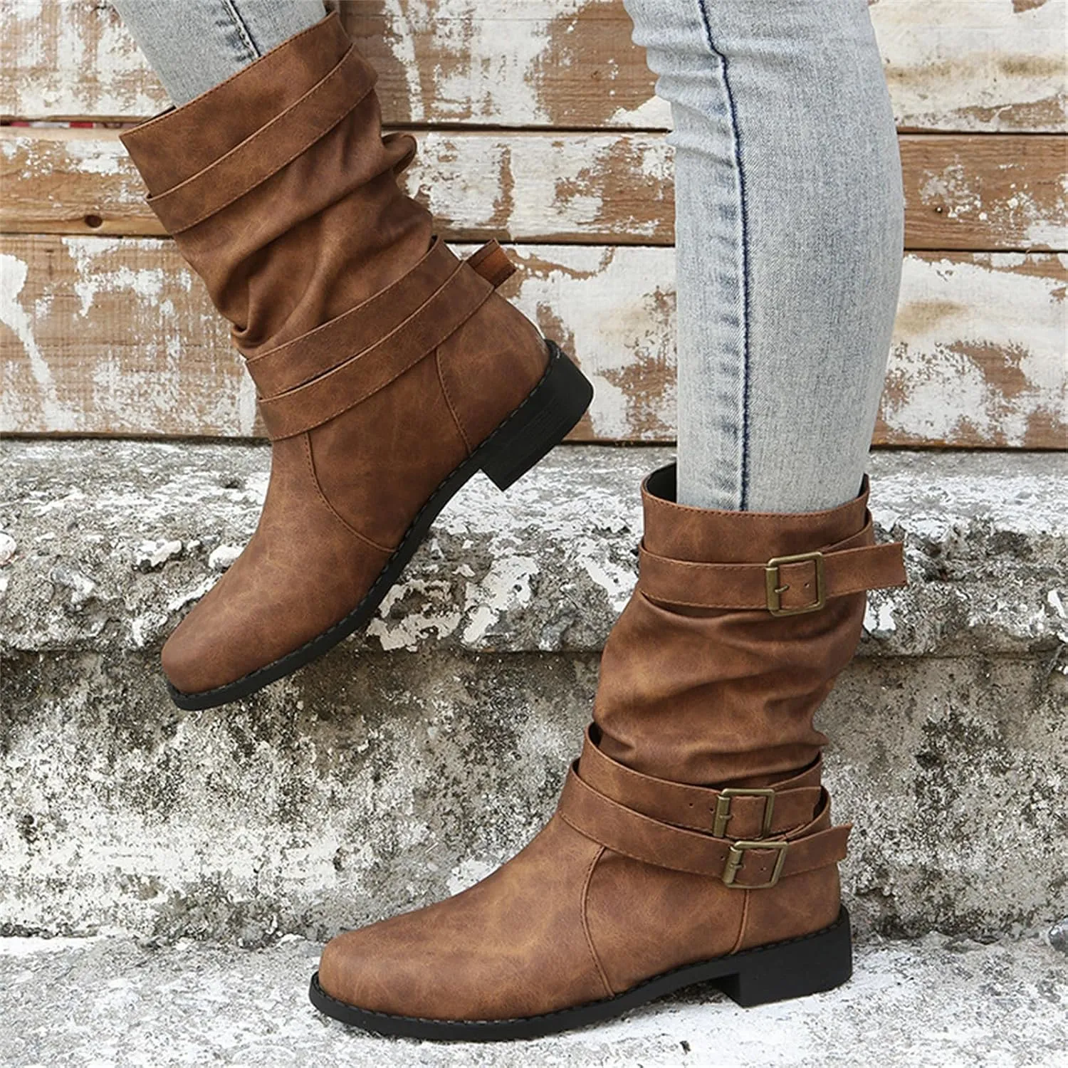 Ladmiple Boots For Women Low Heel Mid Calf Military Combat Boots Side Zipper Motorcycle Riding Biker Ankle Booties 2023