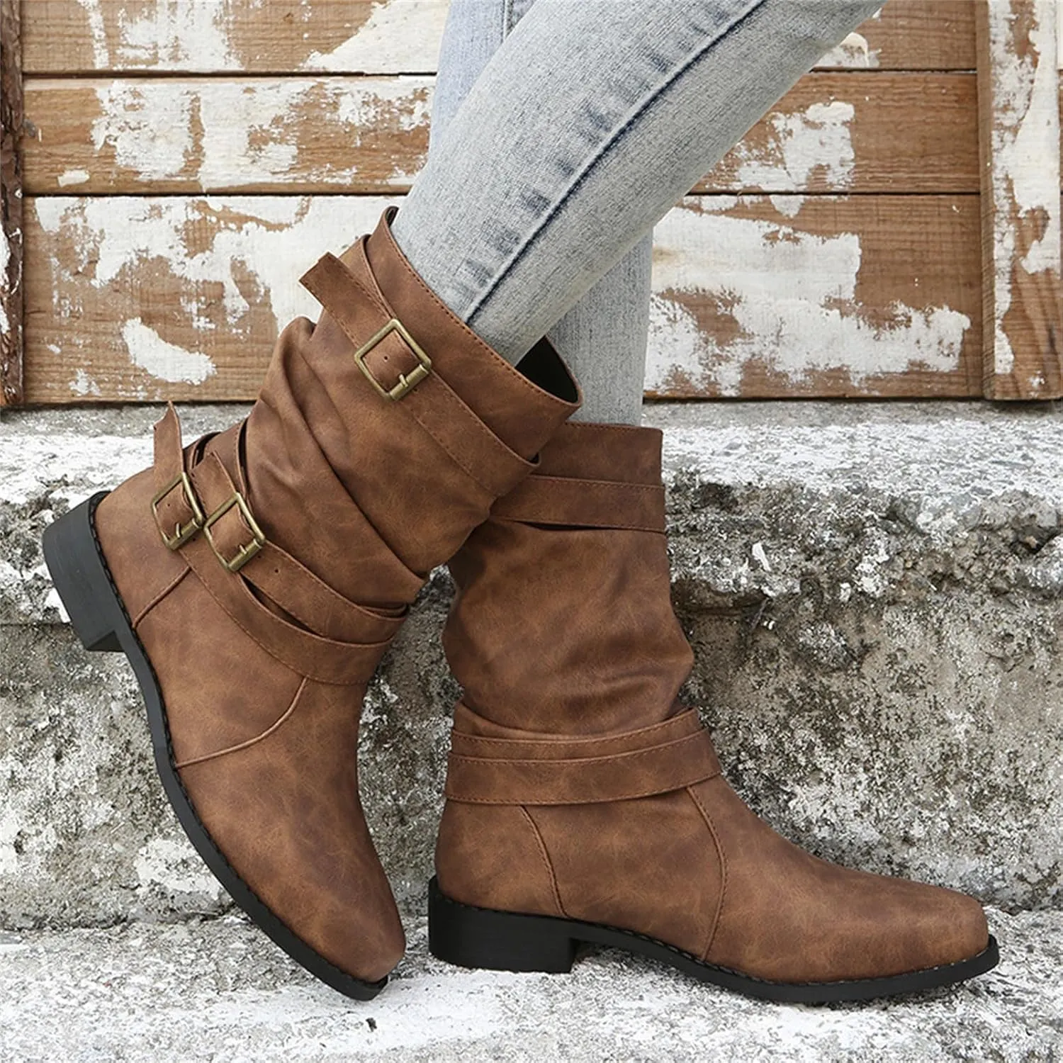 Ladmiple Boots For Women Low Heel Mid Calf Military Combat Boots Side Zipper Motorcycle Riding Biker Ankle Booties 2023
