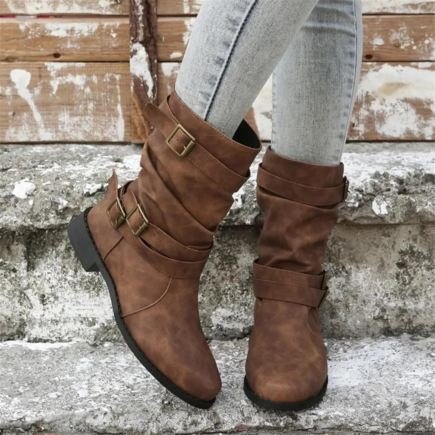 Ladmiple Boots For Women Low Heel Mid Calf Military Combat Boots Side Zipper Motorcycle Riding Biker Ankle Booties 2023