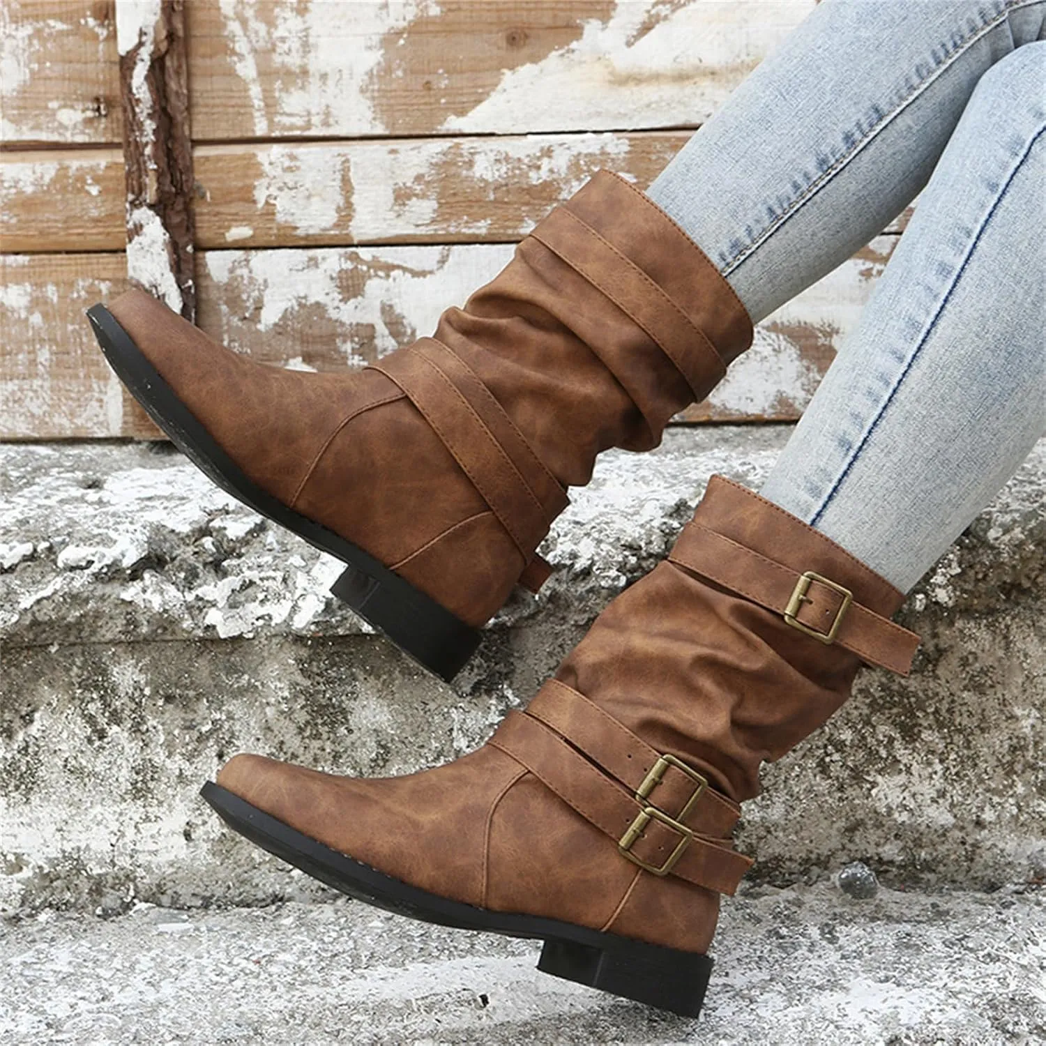 Ladmiple Boots For Women Low Heel Mid Calf Military Combat Boots Side Zipper Motorcycle Riding Biker Ankle Booties 2023