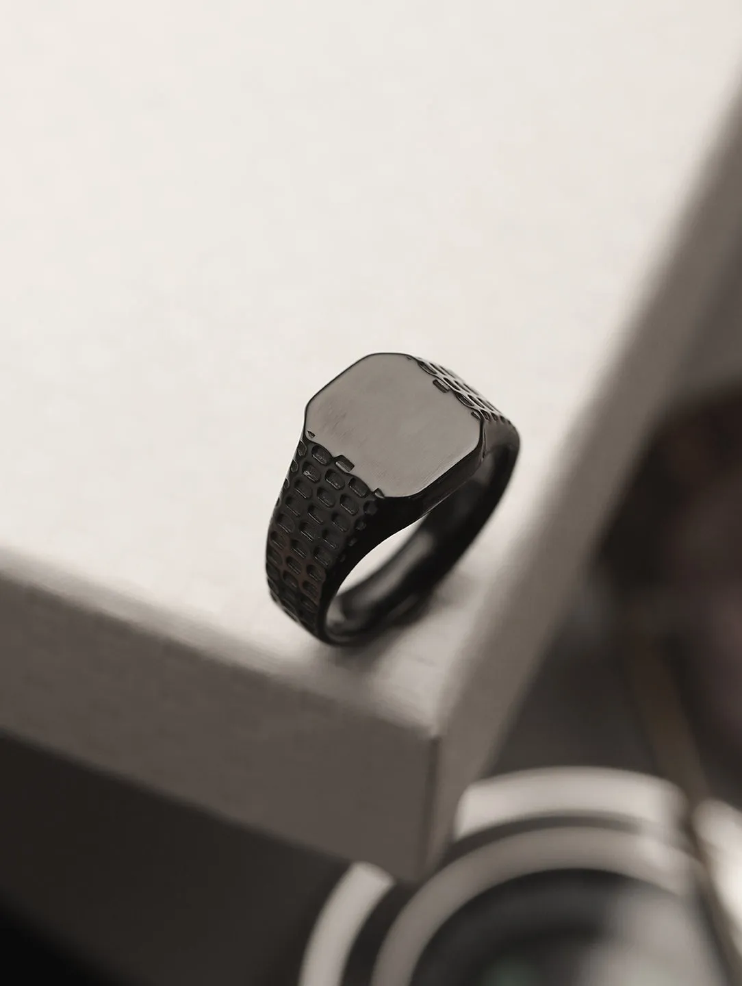 Men Black Bold & Textured Stainless Steel Band Finger Ring