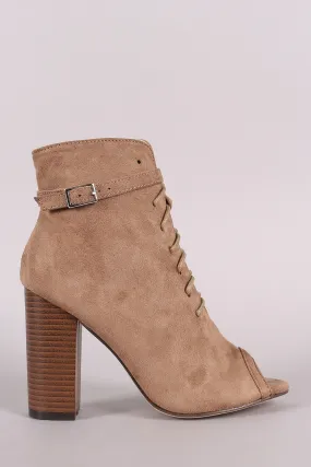 Peep Toe Buckled Lace-Up Chunky Heeled Suede Ankle Boots