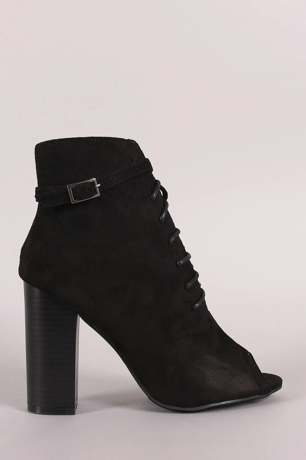 Peep Toe Buckled Lace-Up Chunky Heeled Suede Ankle Boots