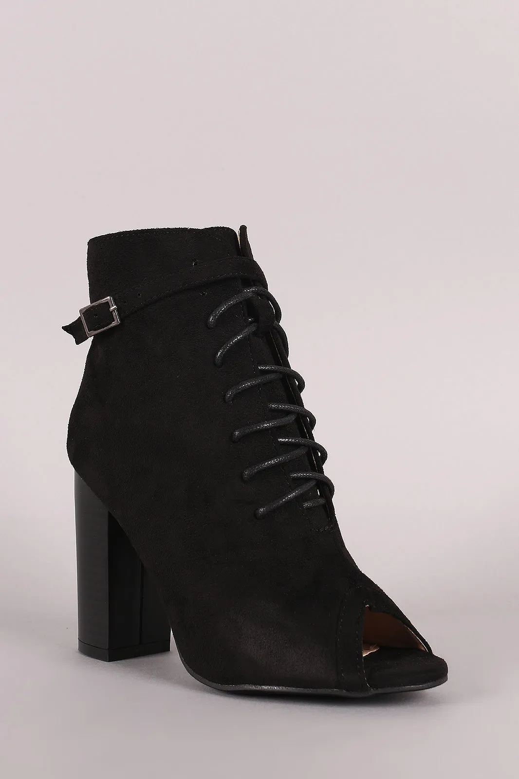 Peep Toe Buckled Lace-Up Chunky Heeled Suede Ankle Boots