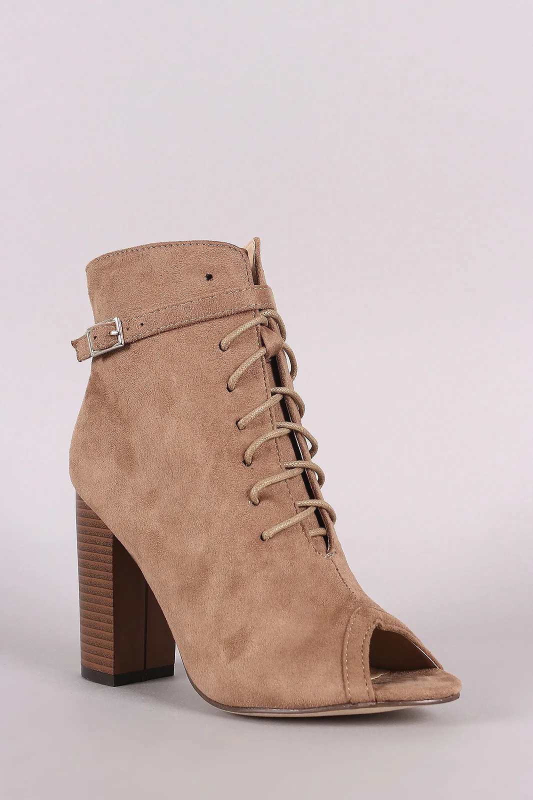 Peep Toe Buckled Lace-Up Chunky Heeled Suede Ankle Boots