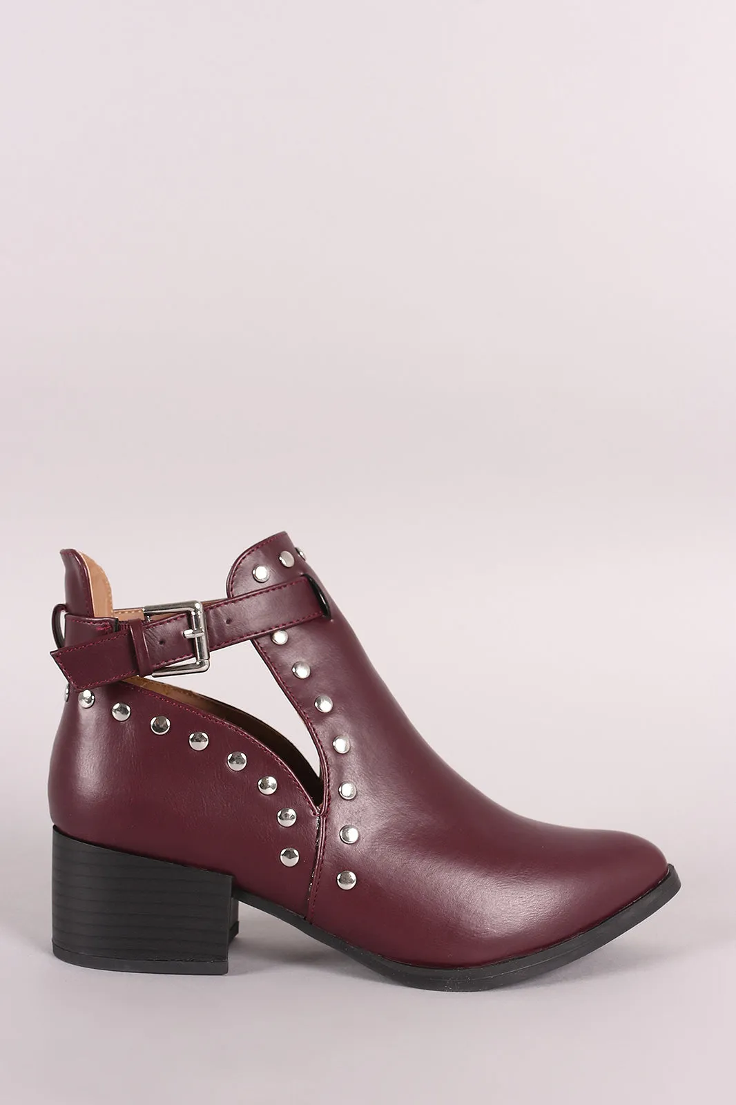 Qupid Almond Toe Studded Buckle Moto Ankle Boots