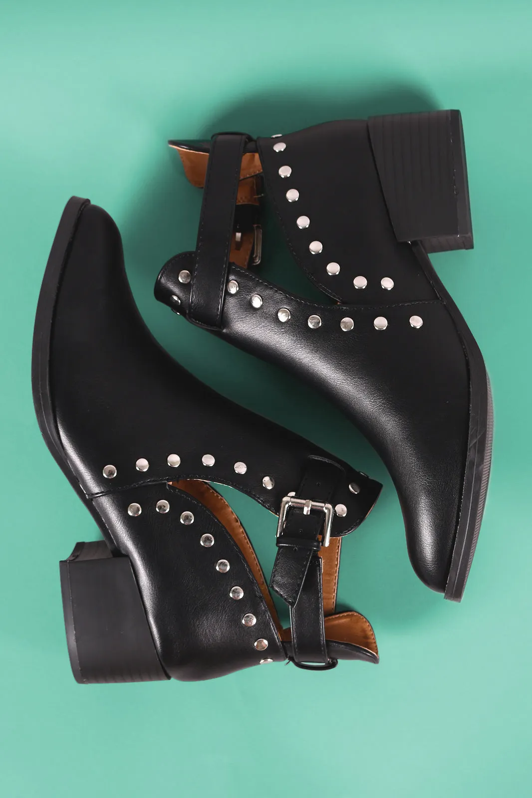 Qupid Almond Toe Studded Buckle Moto Ankle Boots