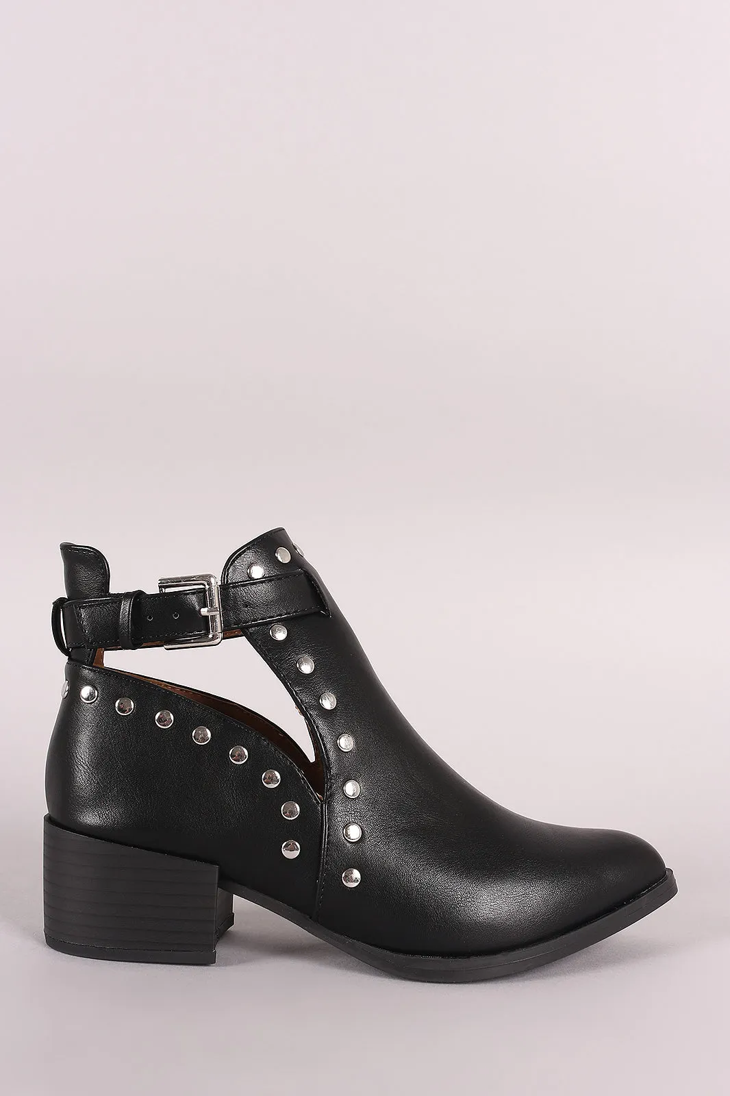 Qupid Almond Toe Studded Buckle Moto Ankle Boots