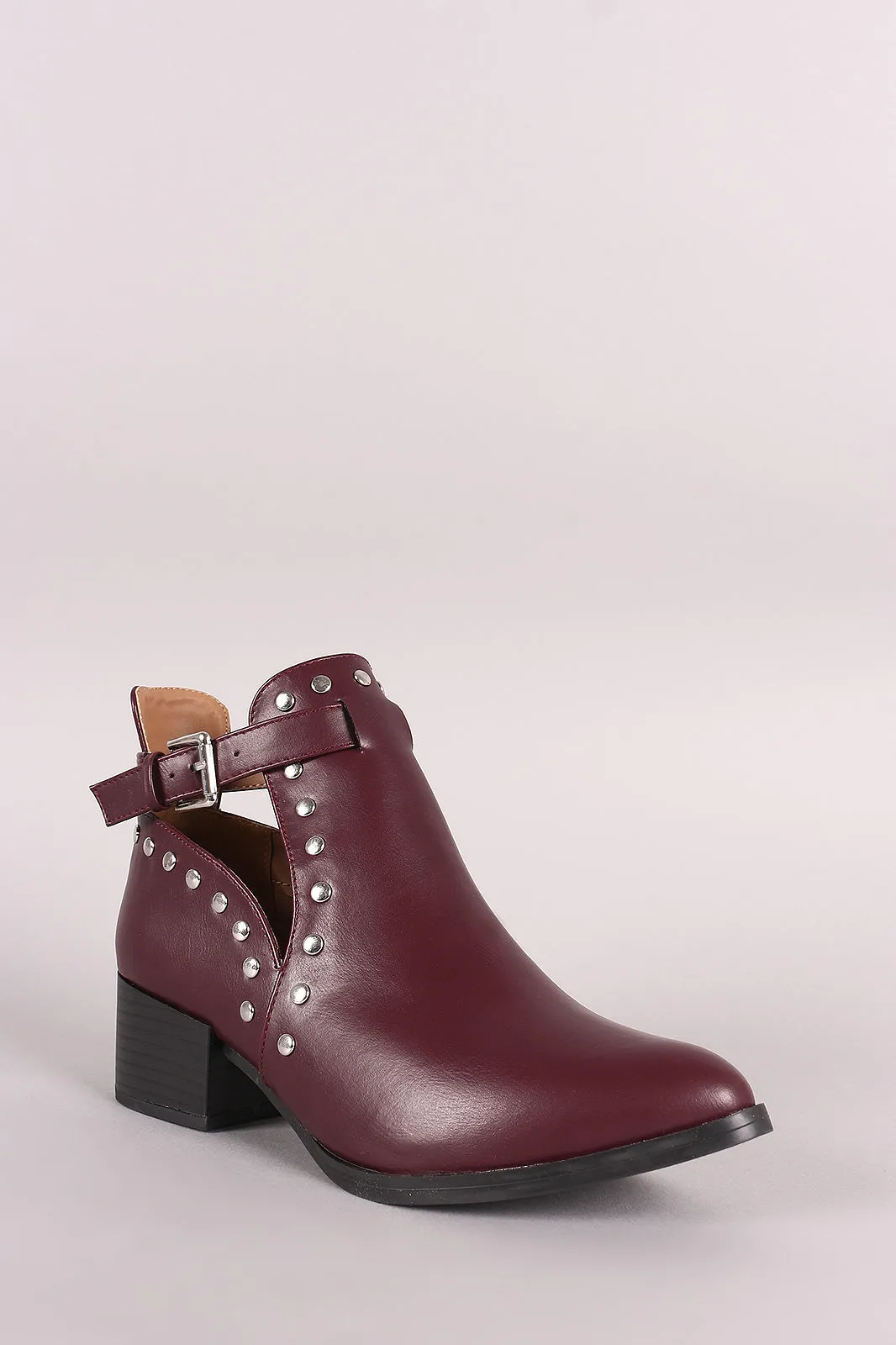 Qupid Almond Toe Studded Buckle Moto Ankle Boots
