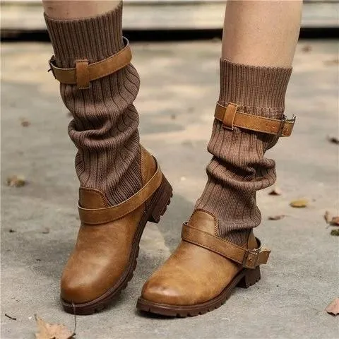 Winter sweater paneled boots vintage mid calf boots for women