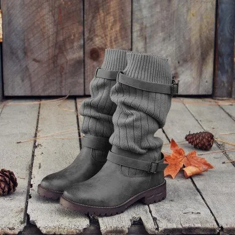 Winter sweater paneled boots vintage mid calf boots for women