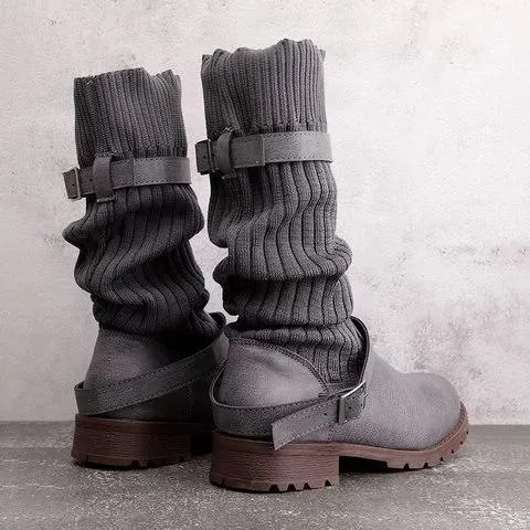 Winter sweater paneled boots vintage mid calf boots for women