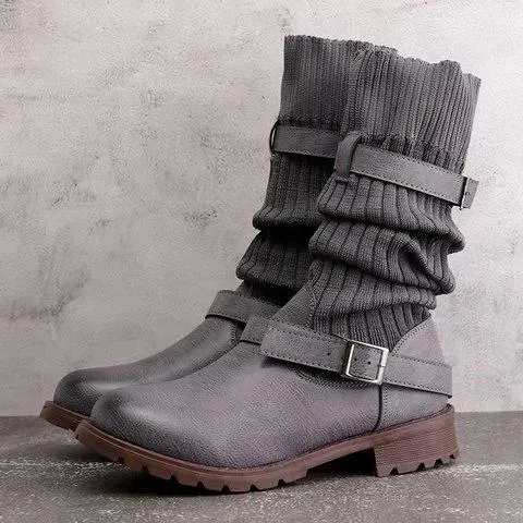 Winter sweater paneled boots vintage mid calf boots for women
