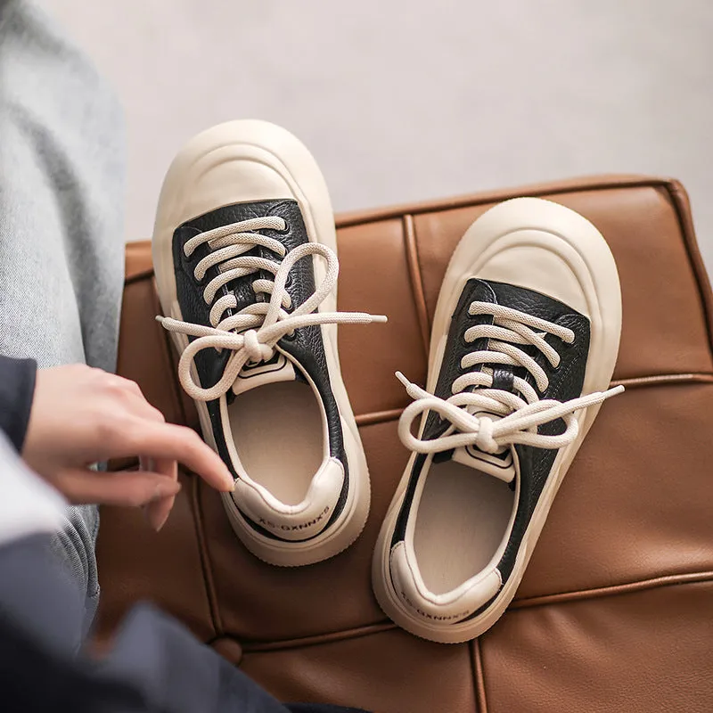 Women Minimalist Color Matching Leather Casual Shoes