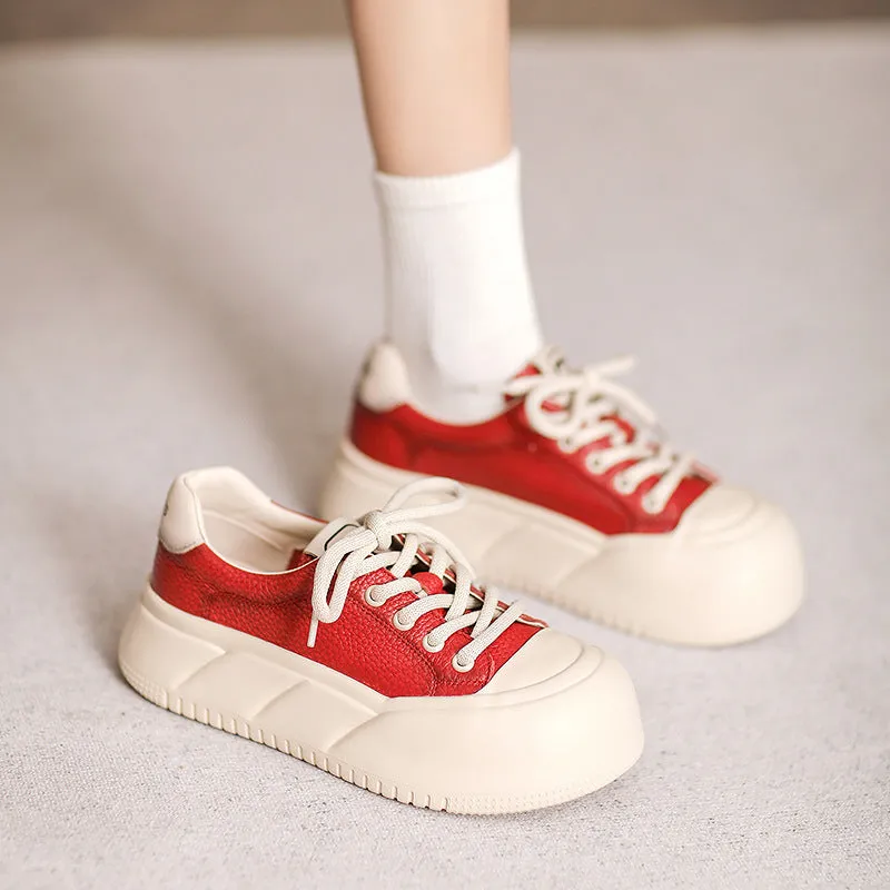 Women Minimalist Color Matching Leather Casual Shoes