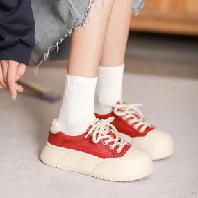 Women Minimalist Color Matching Leather Casual Shoes