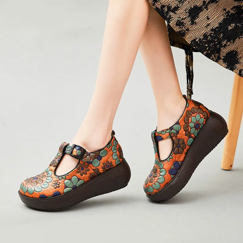 Women Retro Floral Cowhide Casual Shoes