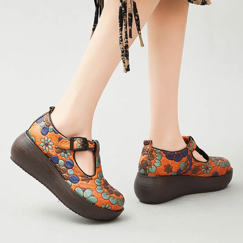 Women Retro Floral Cowhide Casual Shoes