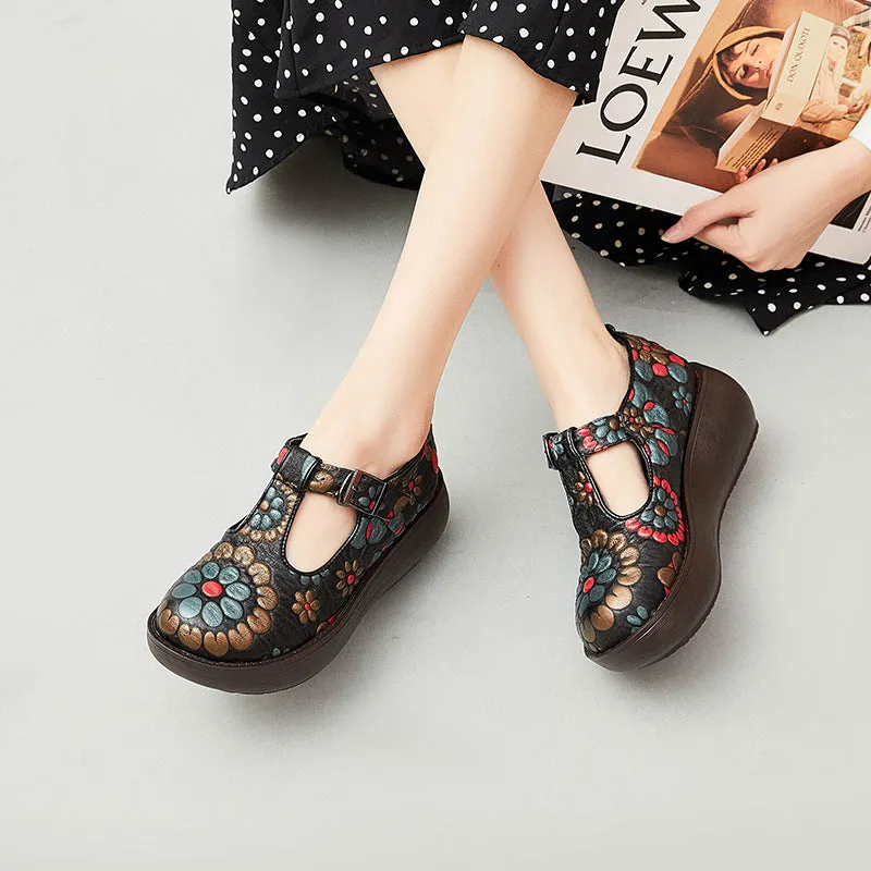 Women Retro Floral Cowhide Casual Shoes