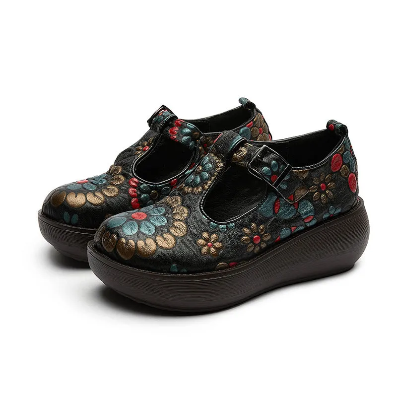 Women Retro Floral Cowhide Casual Shoes