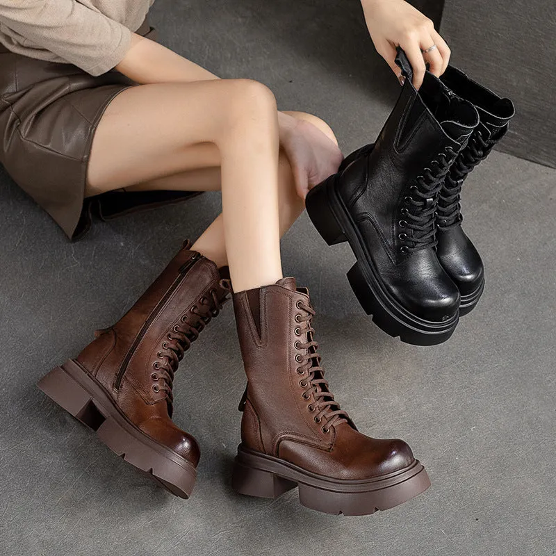 Women Retro Leather Chunky Platform Mid Calf Boots