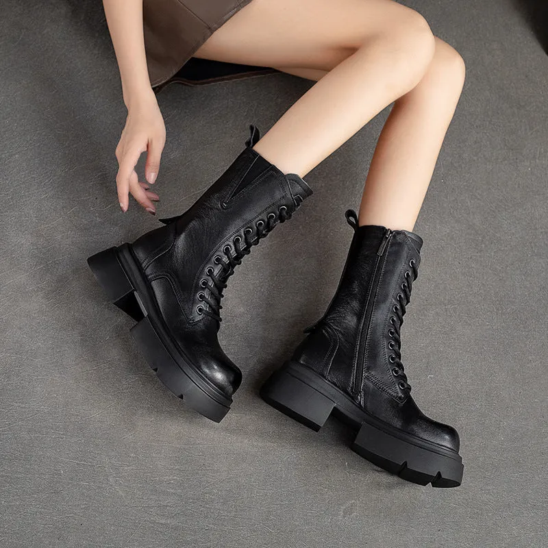 Women Retro Leather Chunky Platform Mid Calf Boots