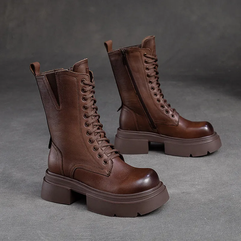 Women Retro Leather Chunky Platform Mid Calf Boots