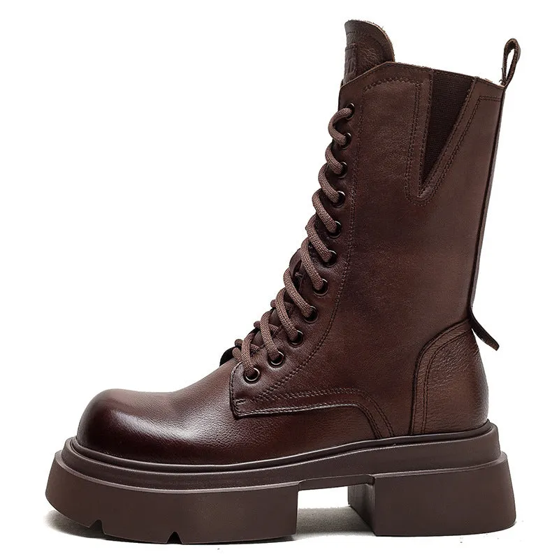Women Retro Leather Chunky Platform Mid Calf Boots