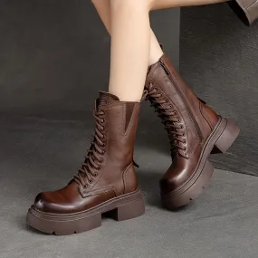 Women Retro Leather Chunky Platform Mid Calf Boots