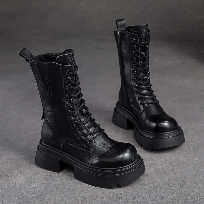 Women Retro Leather Chunky Platform Mid Calf Boots