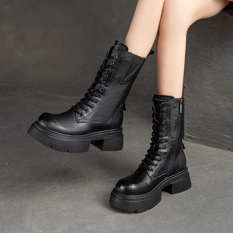 Women Retro Leather Chunky Platform Mid Calf Boots