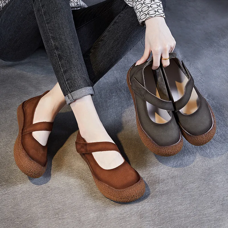 Women Retro Leather Velcro Tape Flat Casual Shoes