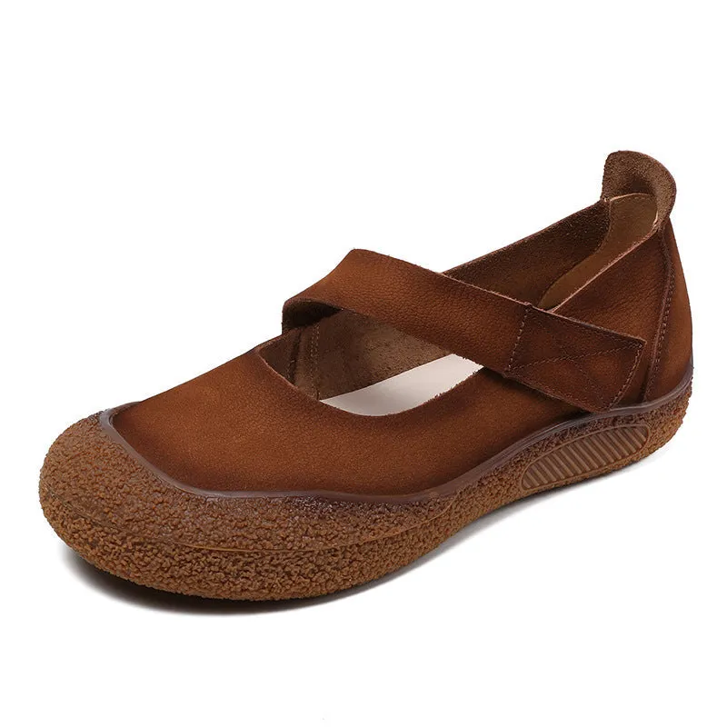 Women Retro Leather Velcro Tape Flat Casual Shoes
