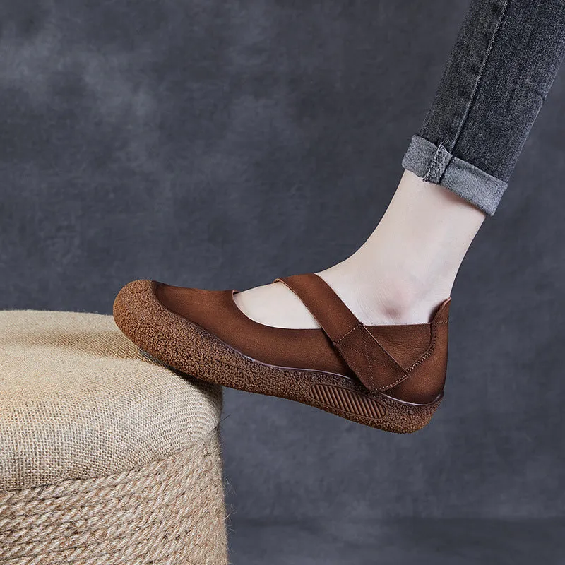 Women Retro Leather Velcro Tape Flat Casual Shoes