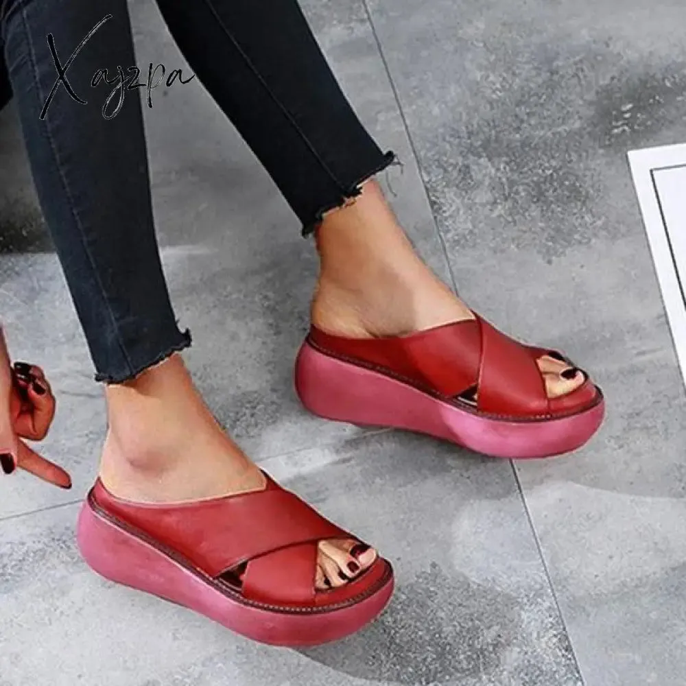 Xajzpa - Platform Criss Cross Slides Slip on Slide Sandals