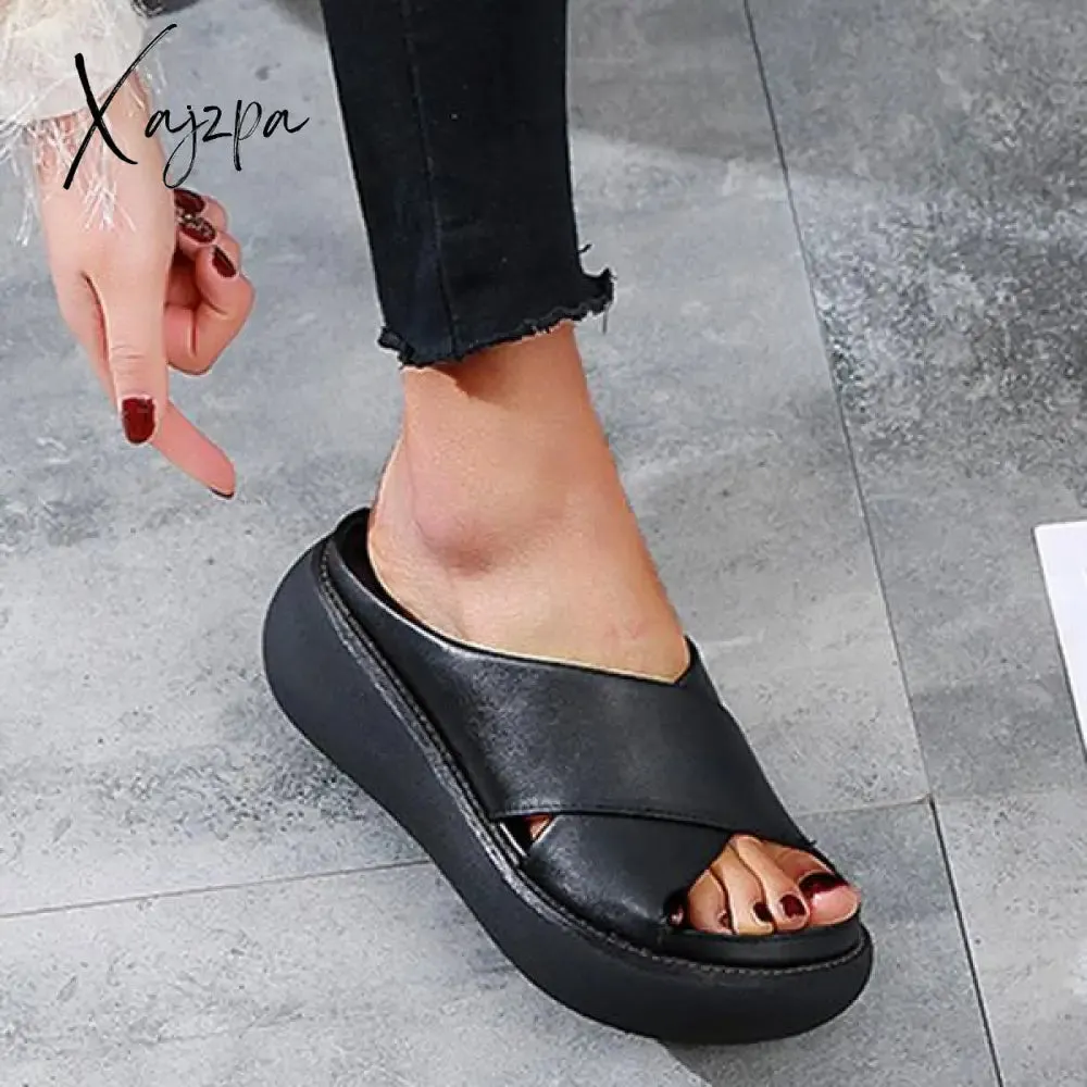 Xajzpa - Platform Criss Cross Slides Slip on Slide Sandals
