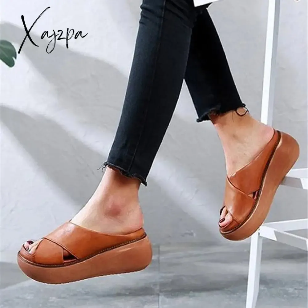 Xajzpa - Platform Criss Cross Slides Slip on Slide Sandals