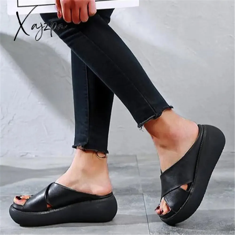 Xajzpa - Platform Criss Cross Slides Slip on Slide Sandals