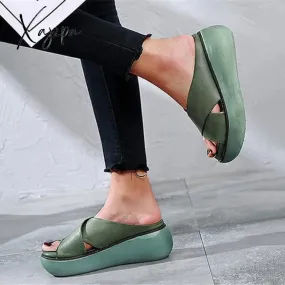 Xajzpa - Platform Criss Cross Slides Slip on Slide Sandals